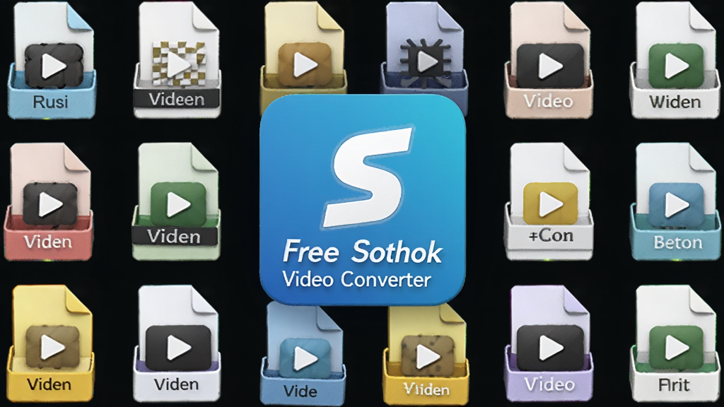 主体为Free Sothink Video Converter软件图标与各类视频格式文件图标围绕,布局为中心对称,排版整洁,风格3D立体,细节有光影反射,画质细腻干净,无多余元素