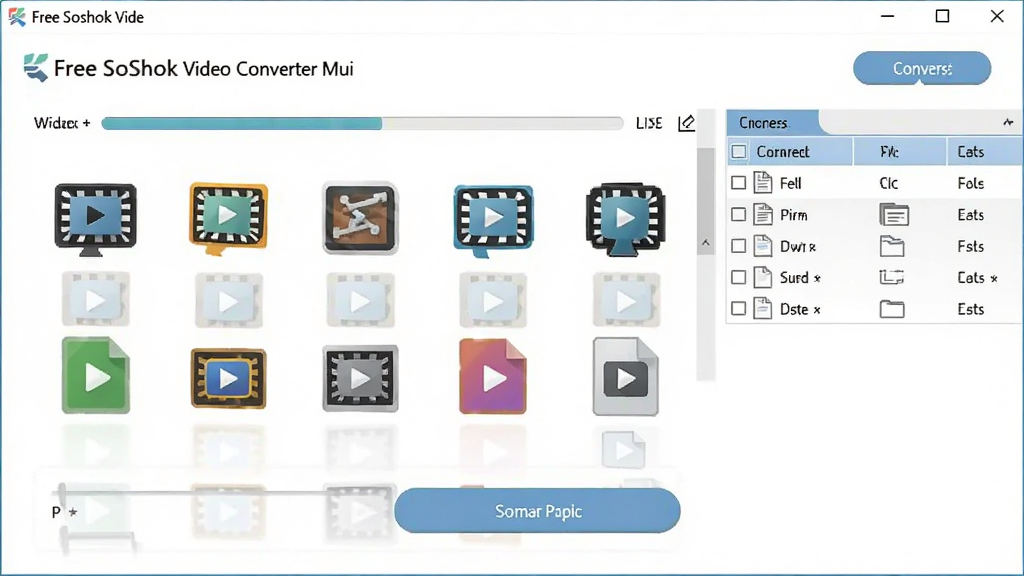 主体为电脑屏幕显示Free Sothink Video Converter主界面,界面中排列着多种视频格式图标与转换按钮,布局清晰简洁,风格现代扁平化,细节包含进度条和文件列表,画质高清干净,无多余元素