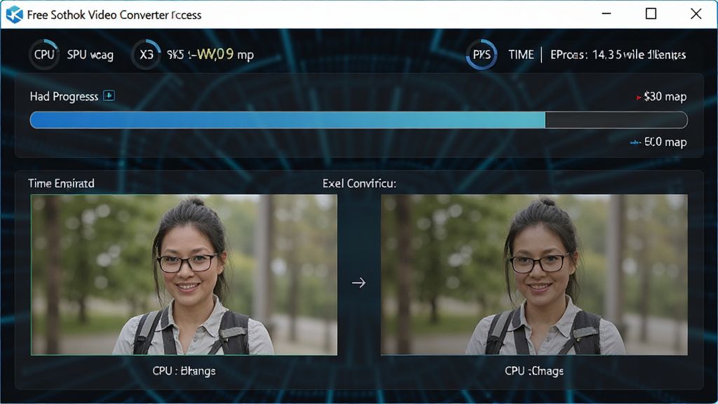 主体为Free Sothink Video Converter转换过程界面,显示高速进度条与画质对比图,布局上下结构,排版清楚,风格科技感,细节有CPU占用率和时间预估,画质高清干净,无多余元素