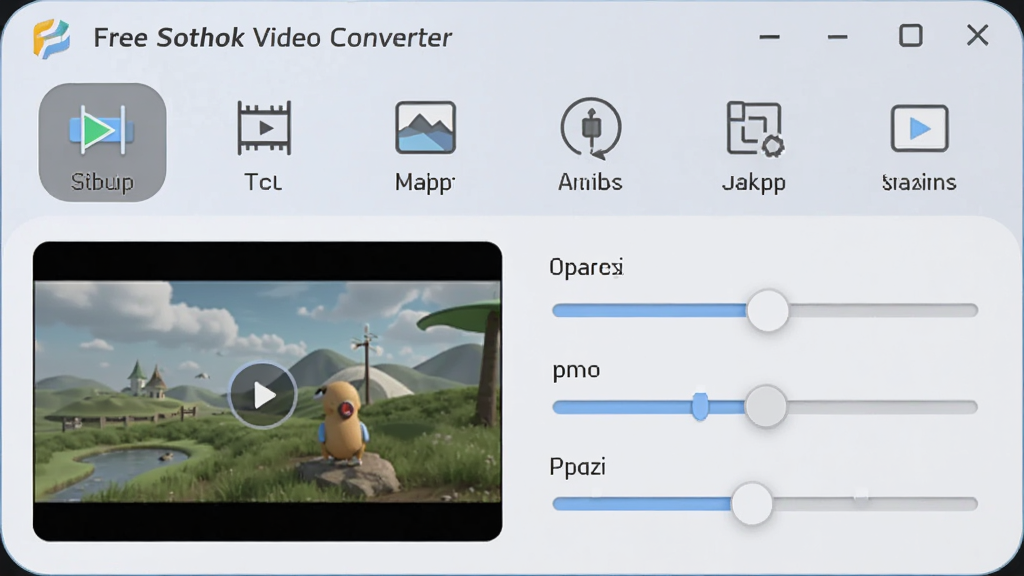 主体为Free Sothink Video Converter的编辑工具栏界面,显示剪辑、裁剪、水印等图标,布局为工具栏横向排列,排版简洁,风格柔和圆角,细节有预览窗口和参数调节滑块,画质干净无多余元素
