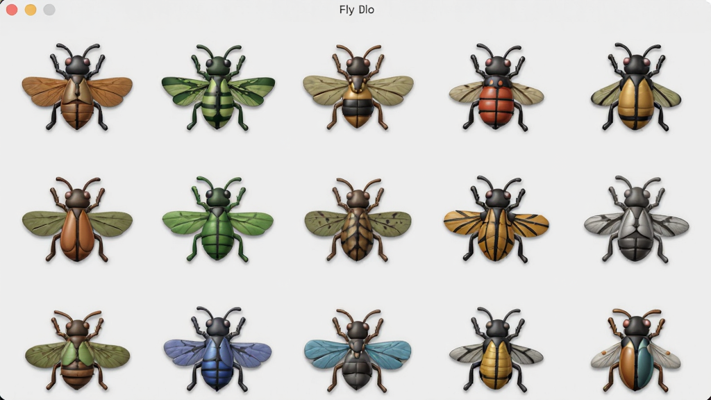 Fly on desktop������Ƥ��ѡ����棬չʾ������ɫ�����͵ķɳ�ͼ�꣬������Ƽ���ִ������񲼾֣�����Ϊǳ��ɫ��ͼ�������ǿ���߻��ʣ�ϸ���������޶���Ԫ��