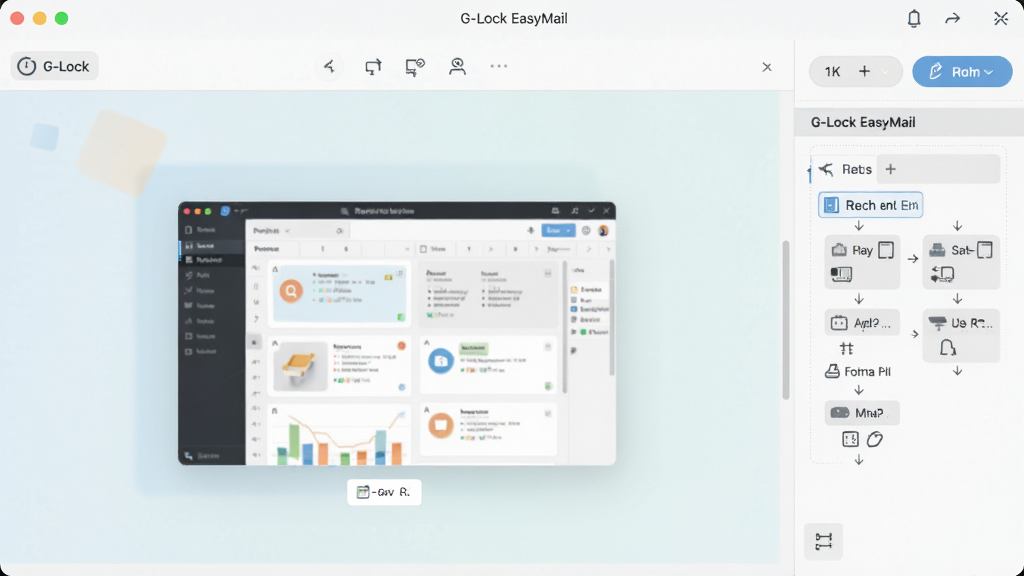 展示 G-Lock EasyMail 的模板编辑器界面,右侧拖拽组件,左侧实时预览,设计简洁,色彩柔和,高清画质,干净无多余元素。