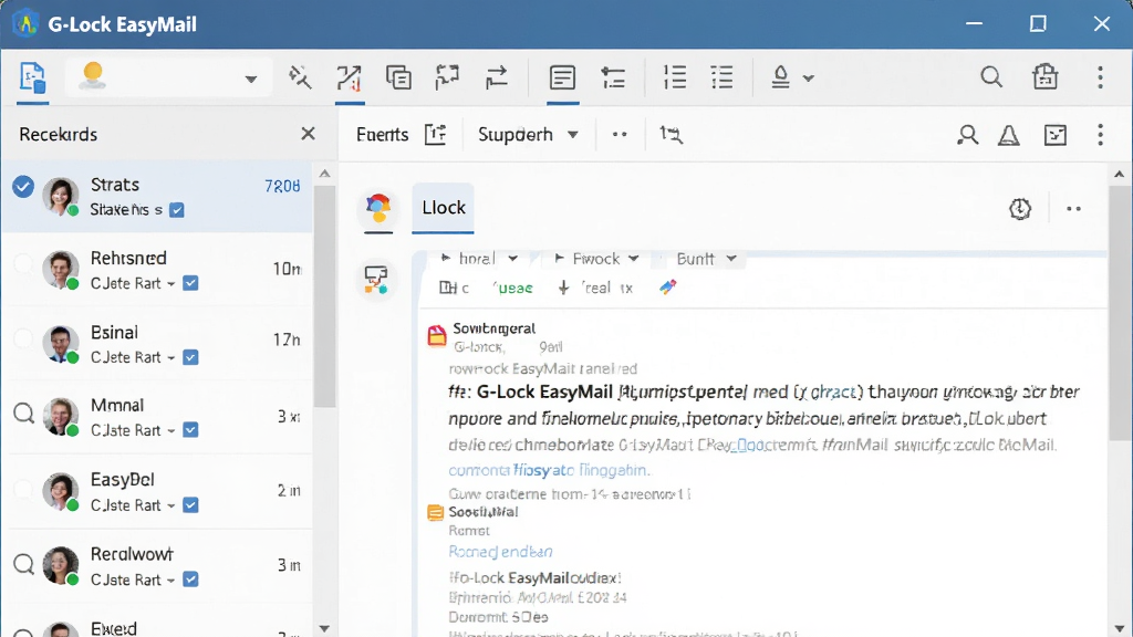 图片整体展示 G-Lock EasyMail 的主界面,左侧收件人列表,右侧邮件编辑区,顶部工具栏,界面清晰,布局合理,风格现代,高清画质,干净无多余元素。