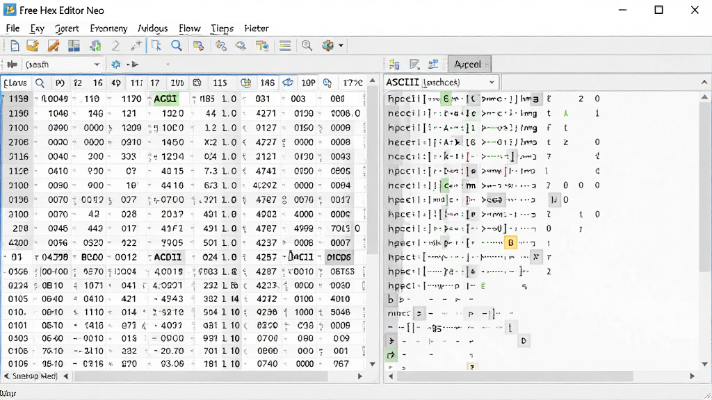 一幅展示Free Hex Editor Neo软件主界面的高清截图,界面布局清晰,左侧为十六进制字节网格,右侧为对应的ASCII字符预览区,顶部有功能菜单和工具栏,整体风格现代简洁,色彩专业,画质清晰干净,无多余元素