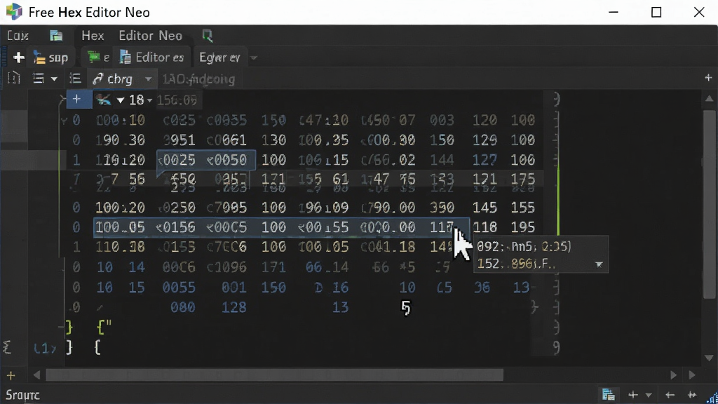 展示Free Hex Editor Neo中编辑二进制数据的特写画面,界面中央高亮显示正在编辑的十六进制字节,鼠标悬停处显示实时数值信息,背景为深色代码编辑器风格,细节丰富,画质清晰,干净无多余元素