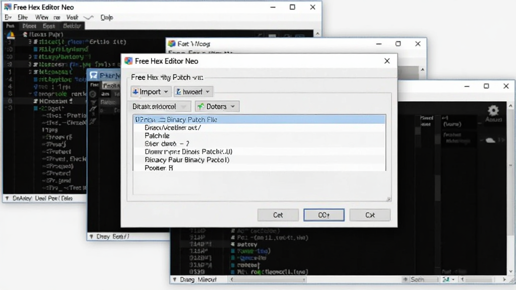展示Free Hex Editor Neo的数据导入导出功能界面,一个对话框显示正在导入二进制补丁文件,同时背景中散落着几个窗口展示不同格式的文件内容,风格专业,布局清晰,画质优秀,干净无多余元素