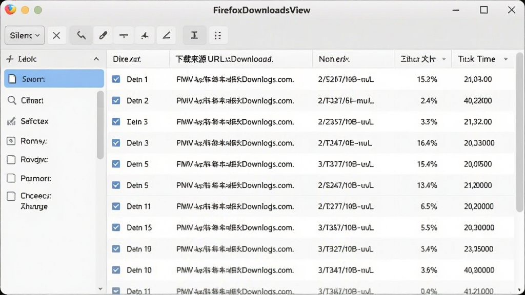 FirefoxDownloadsView����������Ԥ��ͼ����ʾһ���ɾ�����ı��񴰿ڣ���ͷ�����ļ�����������ԴURL������·�����ļ���С������ʱ����У������ɸѡ��壬�������ִ���Լ������ǳɫ�������߷ֱ��ʣ�����չʾ�������ܲ��֣��޶���Ԫ��