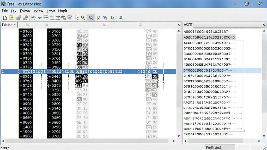 一幅展示Free Hex Editor Neo主界面的高清截图,界面布局清晰,左侧为十六进制数据区,右侧为ASCII码预览区,顶部为菜单栏和工具栏,中间部分高亮显示正在编辑的字节,整体风格专业简洁,光线均匀,画质干净,无多余元素