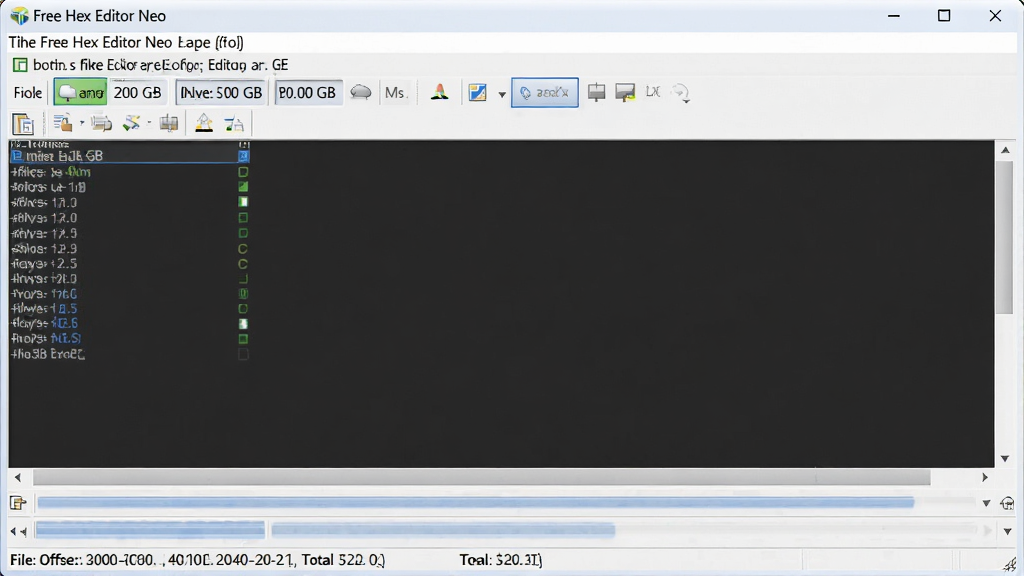 一张展示Free Hex Editor Neo打开大型文件的截图,文件大小显示为数十GB,软件界面依然流畅,数据区滚动条细长,底部显示文件偏移量和总大小,布局紧凑,画质清晰