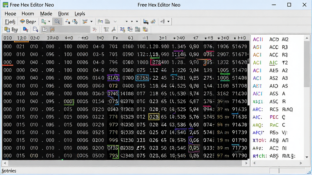 一张展示Free Hex Editor Neo编辑二进制数据的截图,数据区以十六进制字节排列,部分字节用彩色高亮标记,旁边显示ASCII字符对应关系,界面布局专业,细节清晰,画质干净