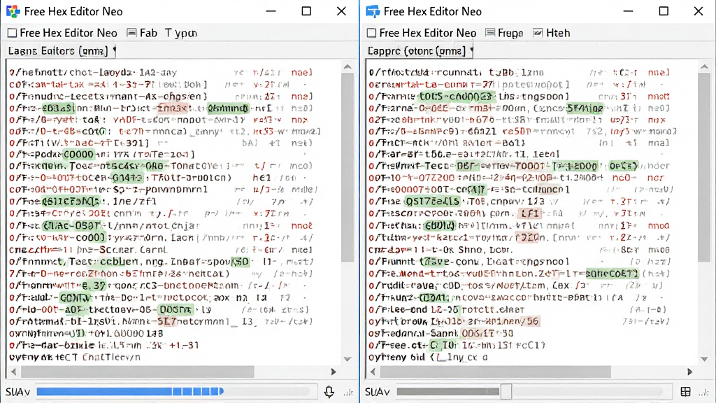 一张展示Free Hex Editor Neo比较两个文件差异的截图,左右两个窗格分别显示不同文件内容,差异字节用红色和绿色高亮标注,底部有同步滚动条,界面清晰,画质细腻