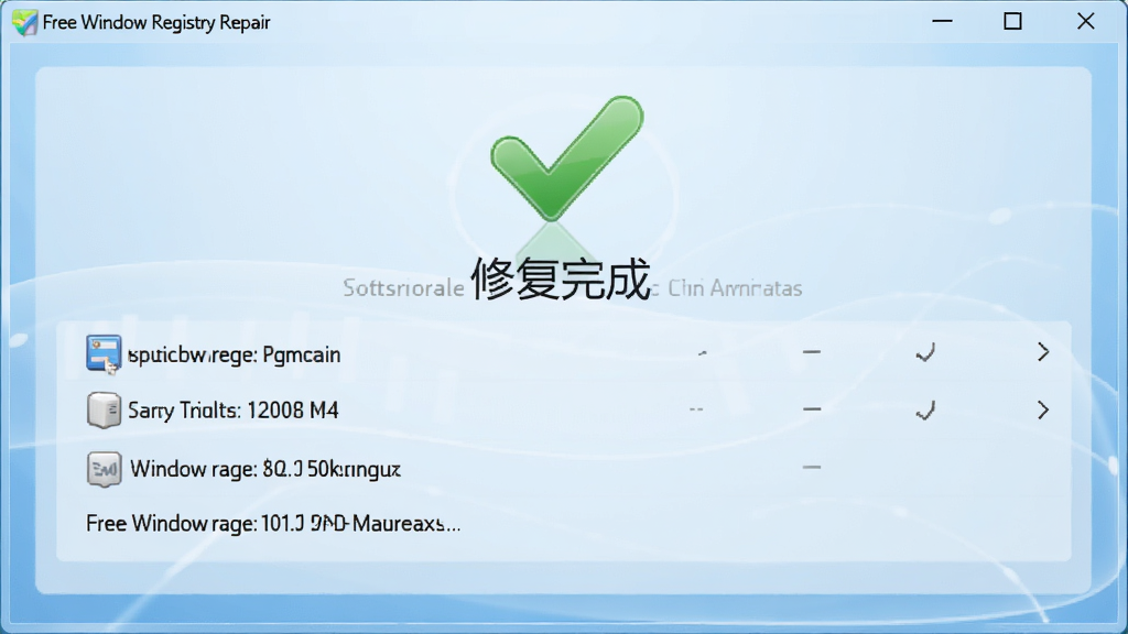 一幅展示软件修复完成界面的截图,界面显示“修复完成”绿色对勾图标,并列出修复项目数量,背景为浅蓝色渐变,软件名称“Free Window Registry Repair”位于界面中央,整体风格简洁干净,画质高清