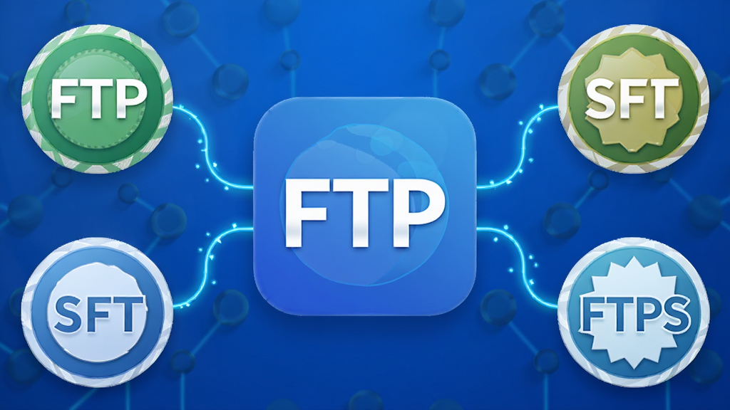 主体:FTP软件图标与多种协议标识(FTP、SFTP、FTPS);布局:中央图标,四周环绕协议徽章;排版:对称构图,科技蓝背景;风格:3D渲染,光影质感;细节:协议名称清晰标注,连接线条闪烁;画质:高分辨率,干净,无多余元素