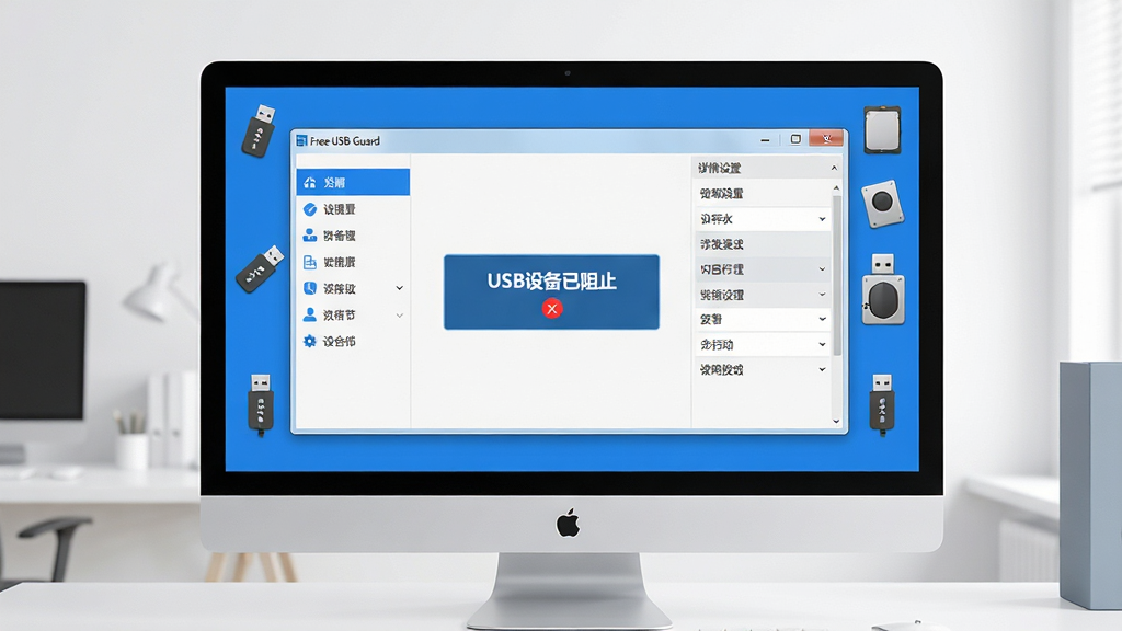 主体:Free USB Guard软件界面在电脑屏幕上显示,背景为现代简洁的办公桌面。布局:软件主窗口居中,左侧功能列表,右侧详细设置面板,整体对称。排版:界面元素排列整齐,图标清晰,文字标签醒目。风格:科技感,扁平化设计,蓝色主题色调。细节:窗口显示“USB设备已阻止”提示,周围有USB闪存盘、移动硬盘等设备图标,画面干净明亮。画质:高清,8K,干净,无多余元素。