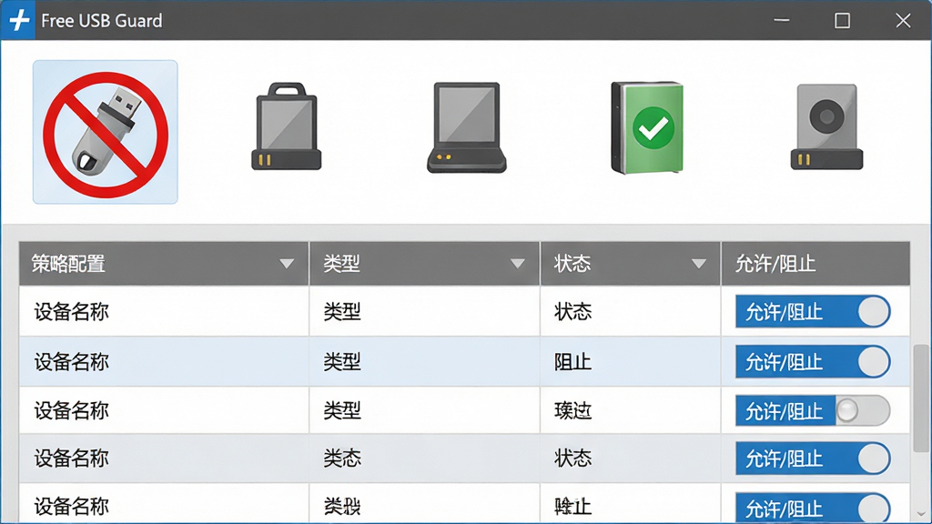 主体:Free USB Guard软件运行界面,显示USB设备分类列表。布局:界面分为上下两部分,上部为设备图标展示区,下部为详细的策略配置表格。排版:表格行清晰,设备名称、类型、状态列对齐,右侧有“允许/阻止”切换按钮。风格:简洁商务,灰色背景搭配蓝色高亮。细节:图中一个U盘图标被红色禁止符号覆盖,另一个移动硬盘图标为绿色对勾,画面干净无杂物。画质:高清,渲染细腻,干净,无多余元素。