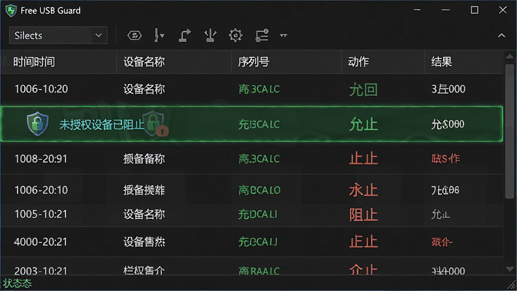 主体:Free USB Guard软件事件日志界面,展示多条拦截记录。布局:日志表格占据主界面,顶部有筛选工具栏,底部为状态栏。排版:表格列包含时间、设备名称、序列号、动作、结果,行间有分割线。风格:深色背景,绿色和红色字体区分允许与阻止。细节:一条新记录高亮显示,提示“未授权设备已阻止”,背景有盾牌图标。画质:高清,细节丰富,干净,无多余元素。