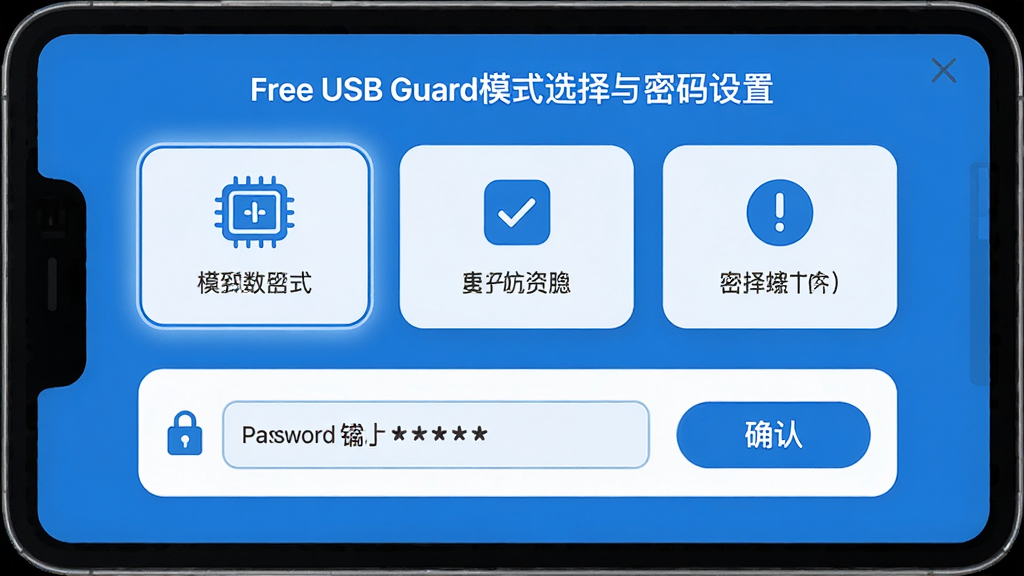 主体:Free USB Guard模式选择与密码设置界面。布局:上方为模式选择卡片,下方为密码输入框和确认按钮。排版:卡片横向排列,每个卡片有图标和名称,密码框有星号掩码。风格:清新简洁,蓝白配色,圆角设计。细节:当前模式高亮显示,密码框旁有锁形图标,画面干净无多余元素。画质:高清,干净,无多余元素。