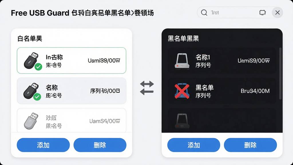 主体:Free USB Guard白名单/黑名单设置页面。布局:左右分栏,左侧为白名单列表,右侧为黑名单列表,中间有双向箭头。排版:列表项包含设备图标、名称、序列号,底部有“添加”“删除”按钮。风格:浅色背景,卡片式设计,圆角边框,蓝色主按钮。细节:白名单中一个U盘图标带有绿色对勾,黑名单中一个设备带有红色叉号,画面干净。画质:高清,渲染精致,干净,无多余元素。