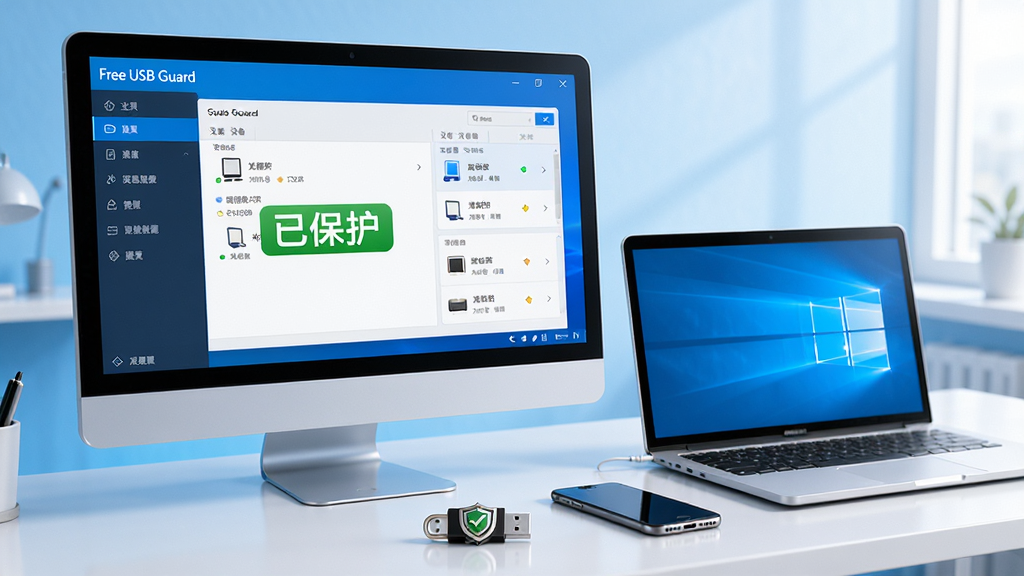 主体:Free USB Guard软件运行在Windows桌面,旁边有一台笔记本电脑和一个U盘。布局:电脑屏幕显示软件主界面,左侧有功能菜单,右侧为设备列表,桌面上U盘和手机并排。排版:界面清晰,设备列表有图标和状态,整体协调。风格:现代办公风格,明亮光线,蓝色调。细节:屏幕上有“已保护”绿色字样,U盘上有一个小盾牌图标,画面干净。画质:高清,光线柔和,干净,无多余元素。