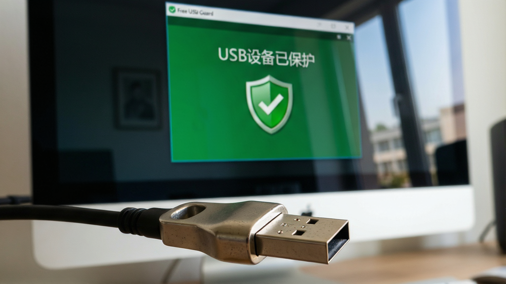 主体:一张电脑屏幕前,插入了一个U盘,屏幕中显示Free USB Guard的绿色安全提示界面,打勾图标。布局:电脑屏幕为背景,U盘特写在前景,屏幕中的软件界面清晰可见。排版:屏幕中显示