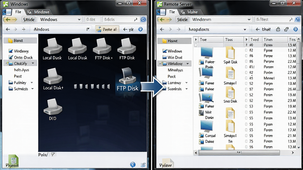 һ�ŶԱ�ʾ��ͼ�������ʾWindows��Դ���������ж�����ش��̺�һ����ΪFTP Disk���̷����Ҳ���ʾ��Ӧ��Զ�̷������ļ��б���ǿ��ӳ���ϵ�����дʵ�������������Ű����࣬ϸ�ڷḻ�����ʸ��壬�ɾ��޶���Ԫ��