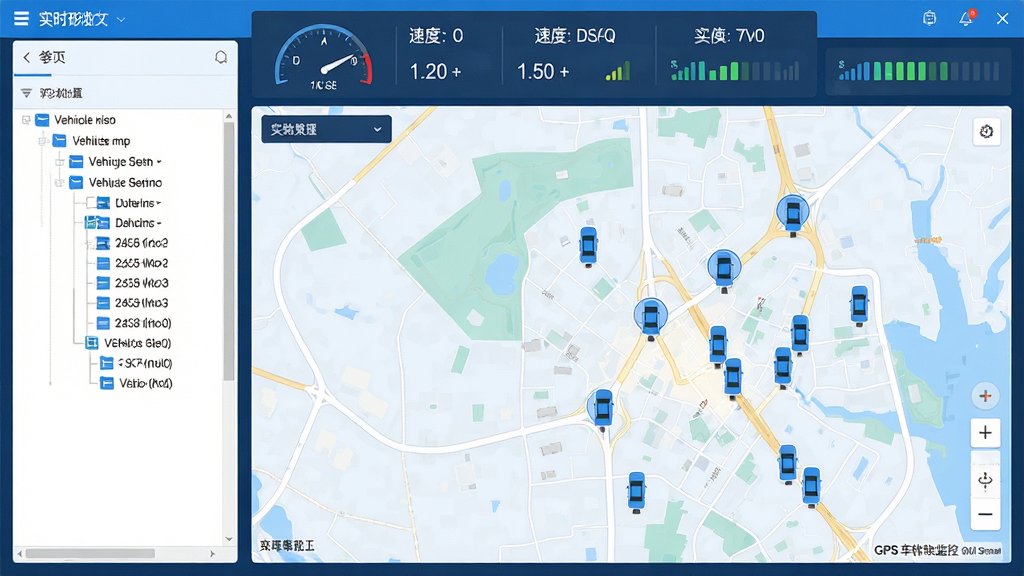 一幅现代科技感的宽幅电脑界面截图,主体为GPS车辆监控服务器后台管理界面,左侧是车辆列表树状图,右侧为全屏电子地图,地图上分布多个蓝色车辆图标,顶部有实时数据仪表盘,整体布局清晰,蓝白配色,扁平化设计风格,细节包括经纬度坐标、速度数字、信号强度条,画质高清,干净无多余元素