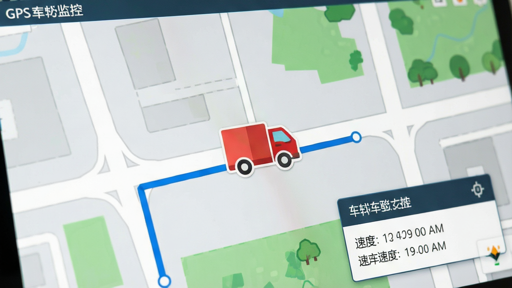 一张电子地图特写截图,主体是GPS车辆监控服务器软件界面,中央有一辆红色货车图标,周围有蓝色路径轨迹线,右下角弹出车辆信息卡片显示速度与时间,地图为浅灰色底,道路白色,有绿色植被区块,整体布局简洁,扁平化UI风格,细节饱满,画质清晰干净无多余元素