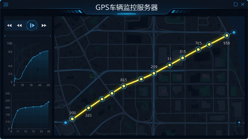 GPS车辆监控服务器历史轨迹回放界面截图,主体为深色背景地图,一条亮黄色曲线轨迹从起点延伸到终点,轨迹上均匀分布时间圆点,左侧有回放控制条与速度曲线图,地图上有道路网格,整体科技感强,蓝色点缀,布局规整,画质高清,干净无多余元素