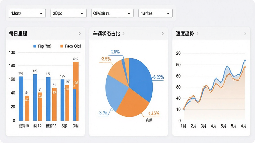 GPS车辆监控服务器报表统计页面截图,主体为浅色背景上的三个数据卡片,左侧是柱状图展示每日里程,中间是饼图展示车辆状态占比,右侧是折线图展示速度趋势,图表配色为蓝色与橙色,界面顶部有筛选条件栏,整体商务简约风格,排版整齐,画质清晰,无多余元素