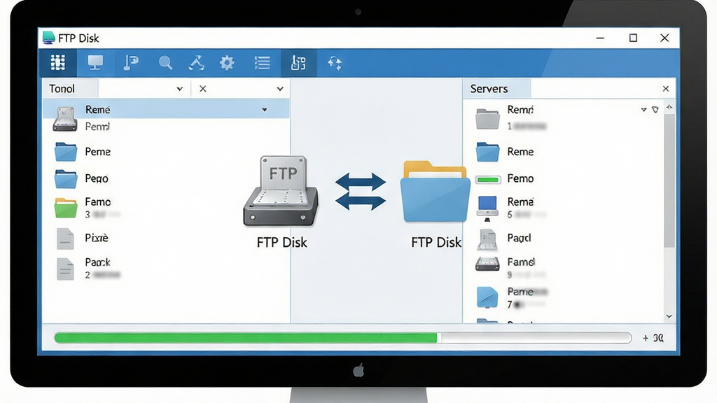 主体:一台电脑屏幕中显示“FTP Disk”软件界面,界面中有一个本地磁盘盘符图标,旁边是远程服务器文件夹图标,两者之间有双向箭头连接。布局:左侧为本地文件列表,右侧为远程文件列表,中间为同步状态栏。排版:清晰的分栏设计,顶部为工具栏,底部为传输进度条。风格:现代简约,蓝白配色,扁平化图标,科技感。细节:磁盘图标上标注“FTP Disk”字样,文件图标带有文件夹图案,传输进度条显示绿色。画质:高清,干净,无多余元素。