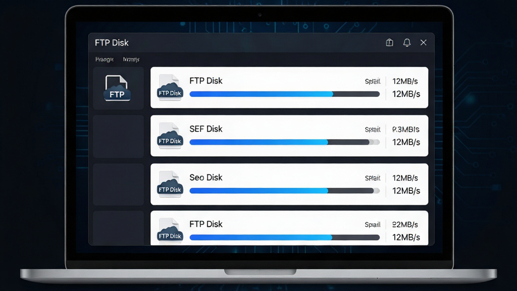 主体:一台笔记本电脑屏幕显示“FTP Disk”传输界面,界面上有多个文件正在并行传输,进度条快速前进。布局:界面中央为传输任务列表,每个任务有文件名、进度条、速度和剩余时间。排版:任务列表以卡片式排列,每个卡片包含文件图标和进度信息。风格:科技感,深色背景,蓝色高亮进度条。细节:文件图标上标注“FTP Disk”字样,进度条接近完成,速度显示“12MB/s”。画质:高清,干净,无多余元素。