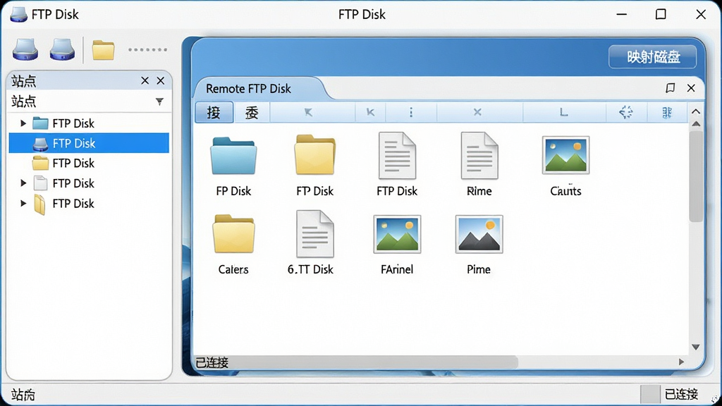 主体:电脑桌面显示“FTP Disk”软件主界面,界面中有一个远程文件管理器窗口,窗口中显示多个文件夹和文件,顶部有一个“映射磁盘”按钮。布局:界面左侧为站点列表,右侧为文件列表,底部为状态栏。排版:文件列表以图标视图展示,每个文件下方显示名称。风格:简洁商务,蓝白配色,圆角窗口。细节:站点列表中有三个站点,当前站点名称“FTP Disk”高亮,文件列表中有几个文档和图片,状态栏显示“已连接”。画质:高清,干净,无多余元素。