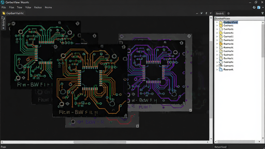 GerberView软件同时打开多个PCB图层,不同颜色区分线路层、阻焊层、丝印层,界面右侧显示文件列表,图层叠加效果清晰,背景深色,渲染精细,画质干净