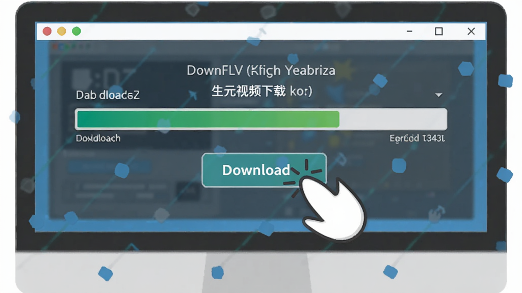GetFLV视频下载教程操作步骤图,主体是电脑屏幕中软件下载进度条,布局展示鼠标点击下载按钮的动作,风格扁平化插画,细节包含已完成文件高亮显示,画质清晰干净