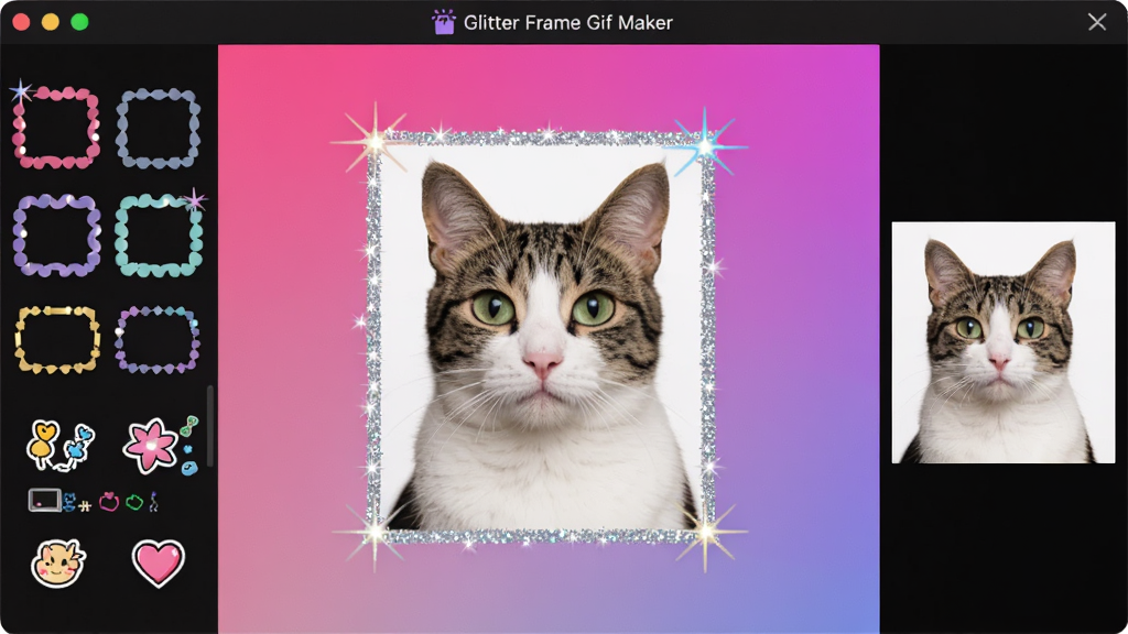 һ��չʾGlitter Frame Gif Maker������ĸ������ֲ�ͼ������������һ�����ڱ���������߿��è����Ƭ����๤���������Ŷ�ʱ߿����ֽͼ�꣬�Ҳ�ΪԤ�����ڣ����岼����ˬ�����������ķ���ɫ���䱳������ƽ����Ʒ��ϸ�ڷḻ�����ʸɾ����޶���Ԫ��