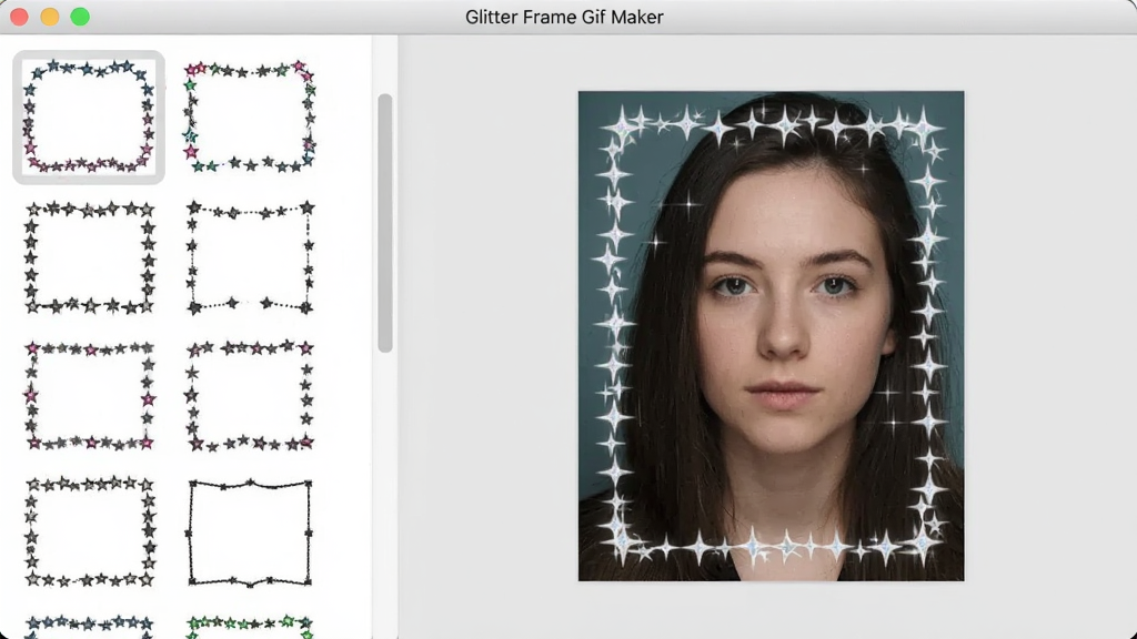 һ��չʾGlitter Frame Gif Maker����������߿��Ľ����ͼ������б���ʾ���ֶ�̬�߿�����ͼ���Ҳ�Ԥ������һ��������Ƭ��Ӧ����������˸�߿򣬱���Ϊǳ��ɫ����̨������ɾ����࣬ͼ������������ϸ�壬�޶���Ԫ��