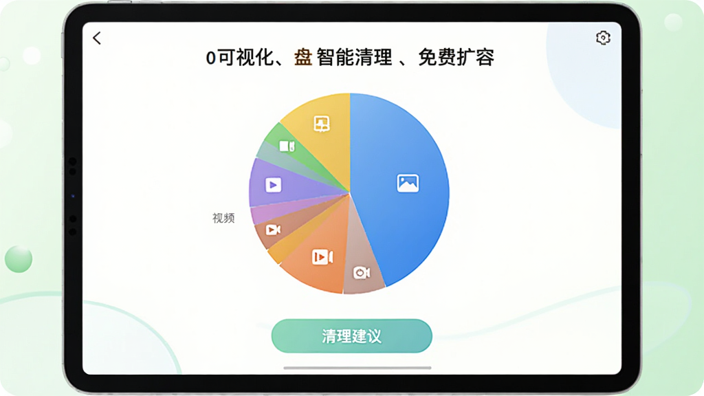 迅迅云盘空间管理功能展示图,画面中平板电脑显示存储空间饼状图,不同颜色代表图片、视频、文档等分类,下方有“清理建议”按钮,背景为浅绿色渐变,风格清新简约,突出“可视化、智能清理、免费扩容”的卖点,画质清晰,无多余元素