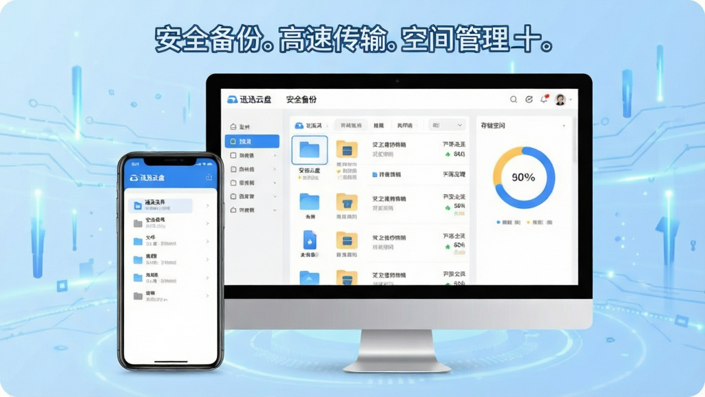一张展示迅迅云盘核心功能的宣传预览图,画面中央是手机与电脑屏幕中显示的云盘主界面,界面布局简洁,左侧为文件分类导航,右侧为文件列表与存储空间环形图,背景为浅蓝色科技感渐变,整体风格干净明亮,突出“安全备份、高速传输、空间管理”三大核心,画质清晰,无多余元素