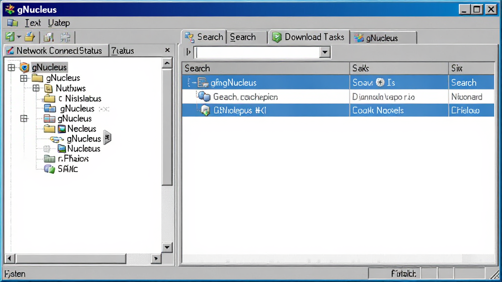 gNucleus 软件主界面预览图,展示经典的 Windows 风格窗口布局,左侧为网络连接状态树形列表,右侧为搜索与下载任务标签页,整体配色为浅灰与蓝色相间,界面简洁清晰,文字标签显示“gNucleus”字样,背景为纯净的白色桌面,细节丰富,画质高清,无多余元素