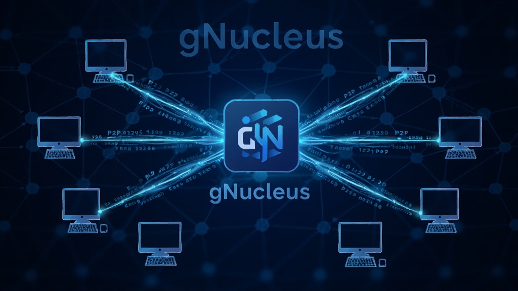 gNucleus 网络连接示意图,中央为软件图标,周围分布多个电脑节点,节点之间用发光的线条连接,表示 P2P 数据传输,背景为深蓝色科技感网络网格,整体风格抽象简洁,突出“gNucleus”名称,画质清晰,无多余元素