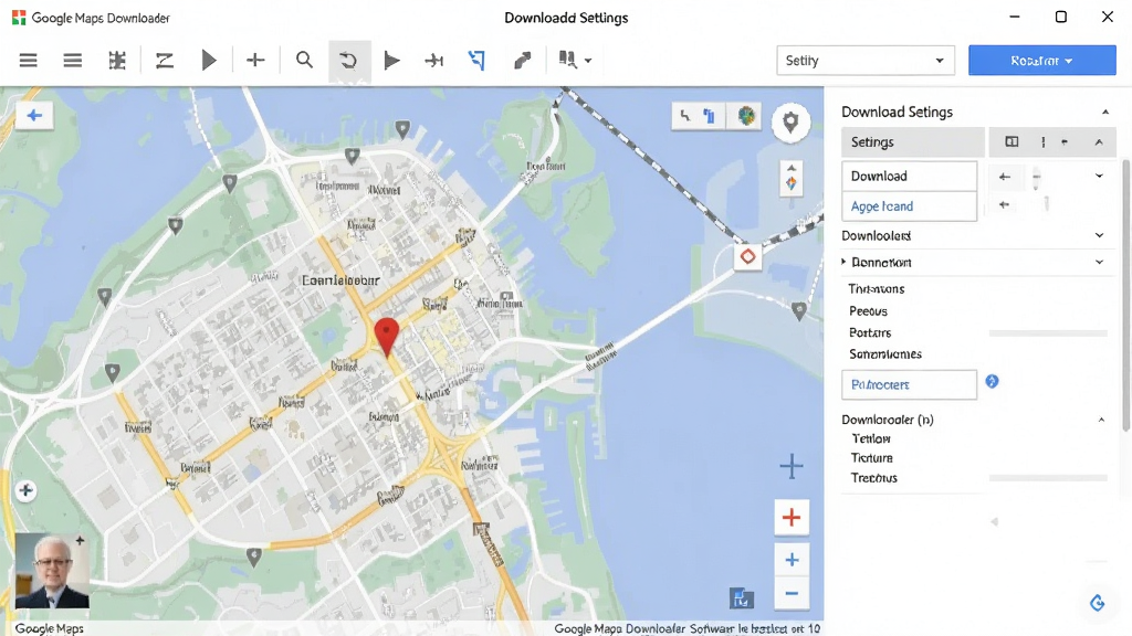 一张展示Google Maps Downloader软件主界面的图片,界面左侧为地图预览区域,右侧为下载设置面板,顶部有工具栏,整体风格简洁专业,布局清晰,排版规整,现代扁平化设计,色彩以蓝白为主,画质高清,干净无多余元素