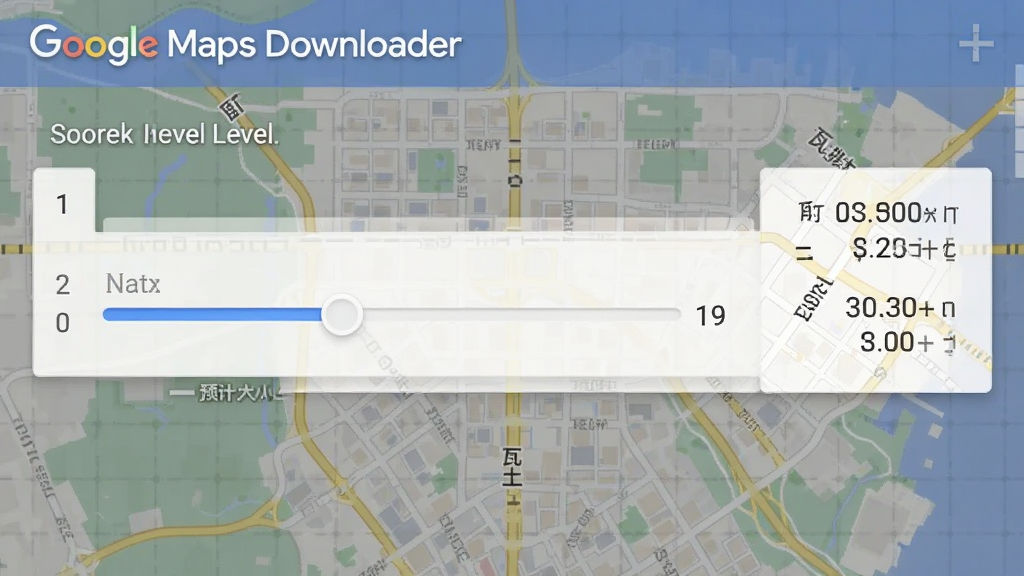 展示Google Maps Downloader的级别选择界面,界面中有缩放级别滑块,从1到19,旁边显示瓦片数量和预计大小,背景为地图网格,风格简洁,蓝白配色,干净无多余元素