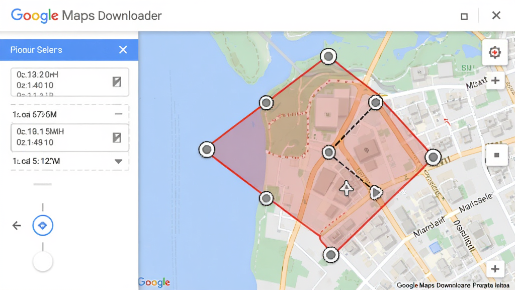 展示Google Maps Downloader的区域选择功能,地图上有一个红色的多边形框选区域,周围有控制点,左侧有坐标输入框,界面清晰,蓝白风格,细节丰富,画质高清,干净无多余元素