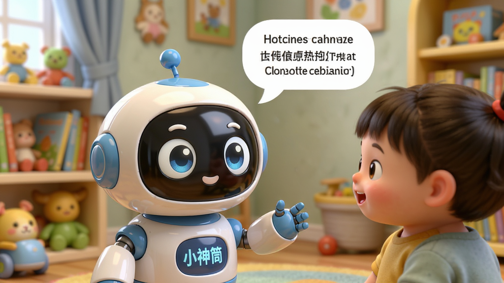 一个可爱的卡通机器人“小神筒”正在与小朋友对话,机器人头顶弹出中英文对照的翻译气泡,场景为温馨的儿童书房,画面构图饱满,色彩明亮,卡通渲染风格,细节精致,画质高清干净