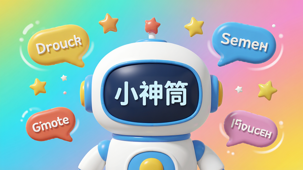 一张充满童趣的3D渲染风格主视觉图,画面中央是一个圆润可爱的机器人形象,机器人胸前屏幕显示“小神筒”三个字,周围漂浮着中英文单词气泡和卡通星星,背景是明快的渐变色,整体布局居中,排版简洁,细节丰富,画质清晰干净,无多余元素