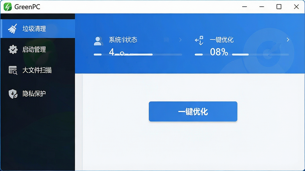 һ��չʾGreenPC������ĸ����ͼ�����沼�ּ�����ˣ���๦�ܵ����������г����������������������������������ļ�ɨ�衱������˽��������ģ�飬�Ҳ���������ʾϵͳ״̬������һ���Ż���ť���������������ɫ������ִ���ˬ������ɾ��޶���Ԫ�أ����������ɶ�������ϸ�壬ͻ��������רҵ�������ԡ�