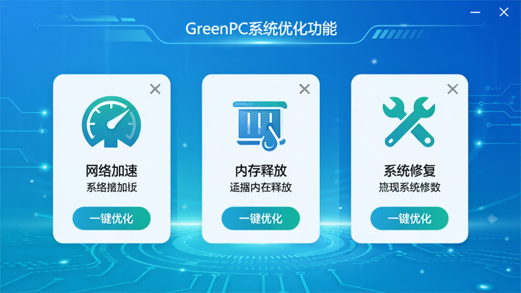 GreenPCϵͳ�Ż����ܽ��棬չʾ��������١������ڴ��ͷš�����ϵͳ�޸�������ģ��ͼ�꣬ÿ��ͼ���·��м�̵�����˵���͡�һ���Ż�����ť������Ϊ������ɫ������Ƽ�������װ�Σ������������������ʸ��壬����������