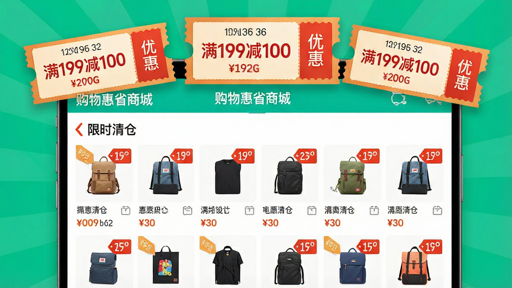 一张充满活力的电商促销场景图,主体为“购物惠省商城”应用内的“限时清仓”板块,展示多件带有折扣标签的商品图片,上方悬浮着几张放大展示的“满199减100”优惠券样张。布局为网格展示,排版整齐,风格明亮写实,细节丰富,画质高清,干净无多余元素
