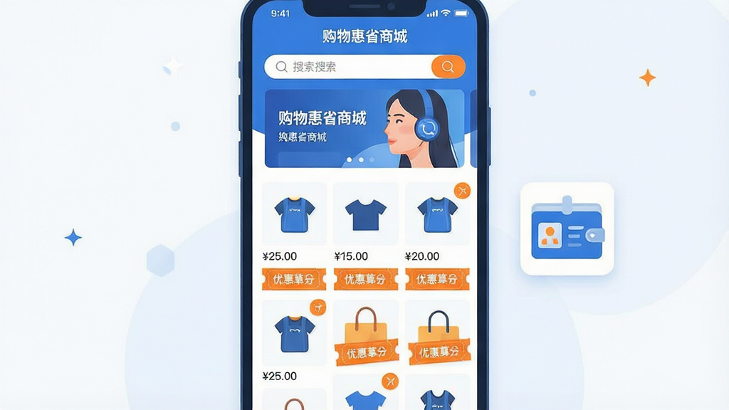 一幅展示智能手机屏幕的现代扁平风格插图,屏幕中显示“购物惠省商城”应用主界面,上方是搜索栏和轮播横幅,下方网格布局展示商品缩略图与优惠券标签,另一侧悬浮一个证件卡包图标。整体布局清晰,排版有序,采用蓝白主色调,搭配橙色点缀,风格简洁明快,画质高清干净,无多余元素