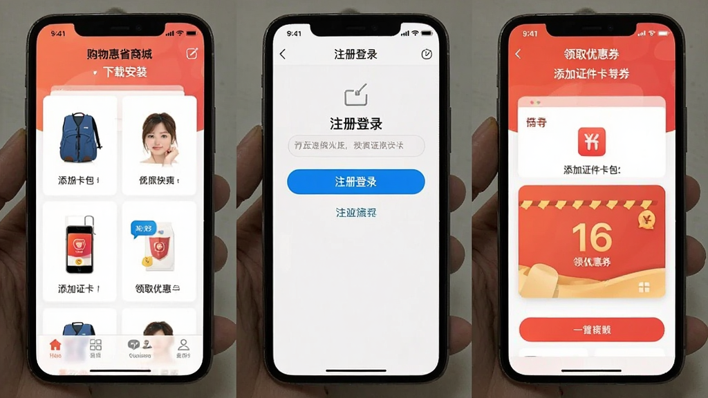 一张分步操作指引的手机截图拼接长图,分别展示“购物惠省商城”应用下载安装、注册登录、添加证件卡包、领取优惠券的四个步骤界面。布局为从上到下的流程顺序,排版清晰,风格简洁实用,画质干净,无多余元素